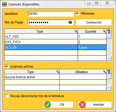 Fenêtre de connexion de licences WEB