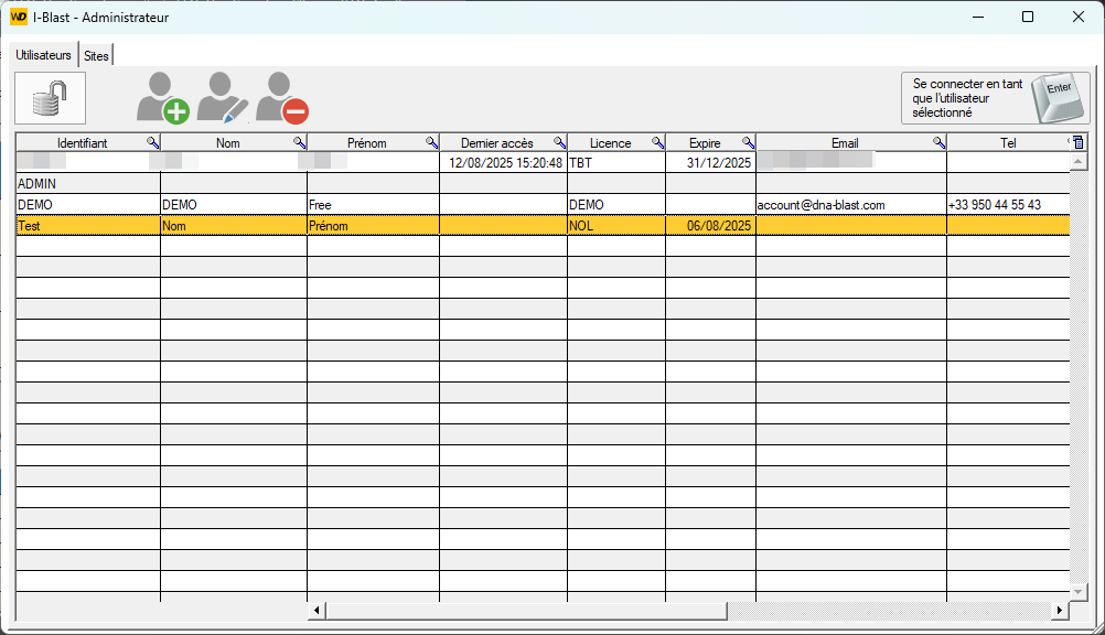 Fenêtre de gestion des utilisateurs